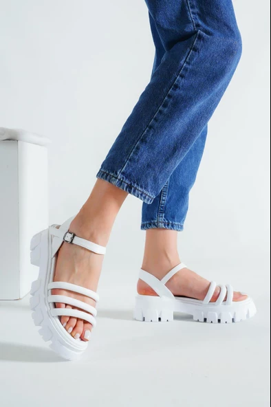 BASSKAN BAYAN BEYAZ YÜKSEK TABAN NİLEKTEN BAĞLAMA BİYELİ TERLİKSANDALET PRD04 - Resim 3