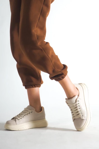 BAYAN BEJ BAĞCIKLI ALÇAK DOLGU TABAN SNEAKER GÜNLÜK SPOR AYAKKABI KECSP127 - 3