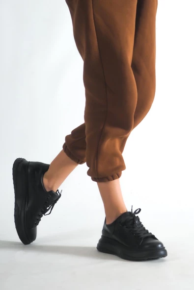 KADIN SİYAH BAĞCIKLI ALÇAK DOLGU TABAN SNEAKER GÜNLÜK SPOR AYAKKABI KECSP127 - 2