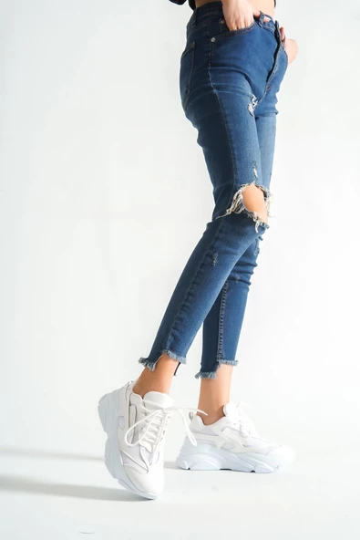 BAYAN BEYAZ YÜKSEK TABANLI FİLE DETAYLI SNEAKER GÜNLÜK SPOR AYAKKABI KECSP140 - Resim 2