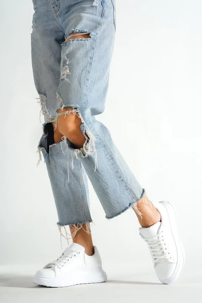 BAYAN BEYAZ BAĞCIKLI ALÇAK DOLGU TABAN SNEAKER GÜNLÜK SPOR AYAKKABI KECSP127 - Resim 3