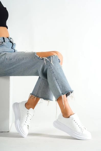 BAYAN BEYAZ BAĞCIKLI ALÇAK DOLGU TABAN SNEAKER GÜNLÜK SPOR AYAKKABI KECSP127 - Resim 2