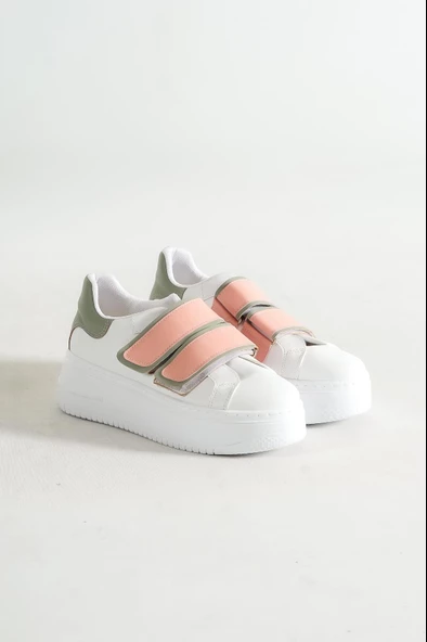 KADIN BEYAZ PUDRA YEŞİL ÇİFT CIRT CIRT DETAYLI SNEAKER GÜNLÜK SPOR AYAKKABI KECSP121