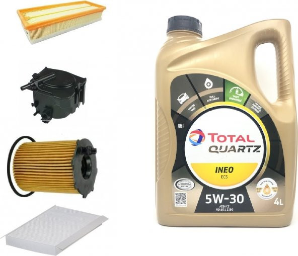 Total Peugeot 308 1.6 Dizel Yağ Bakım Seti + Total Quartz Ineo Ecs 5W-30 Partiküllü Motor Yağı 4 L
