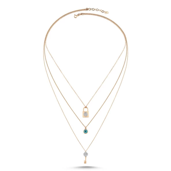 Rose Altın Kalbimin Anahtarı Kolye Üç Zincirli ürün görseli 1