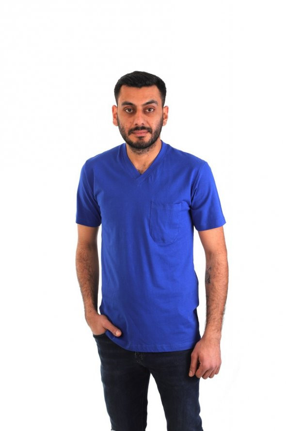 ESER - V Yaka Kısa Kol İş Tişörtü - Cepli - Saks Mavi