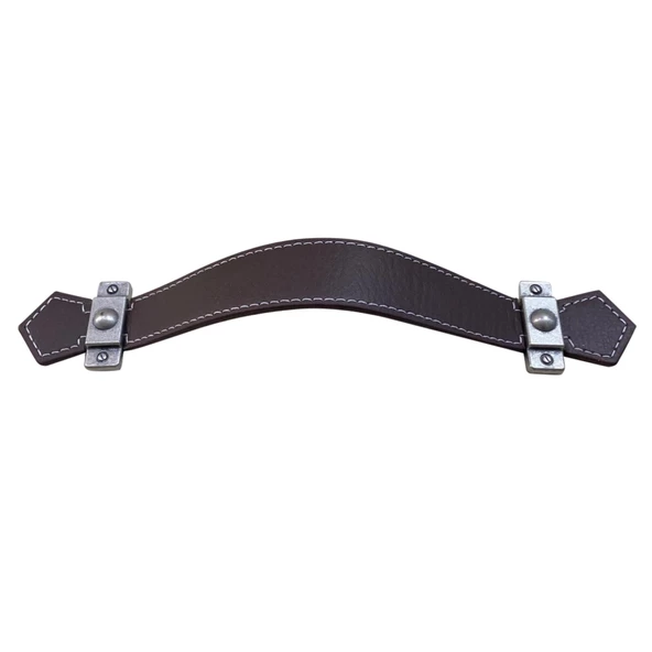 Deri Kulp Yatay Flore Antik Gümüş Acı Koyu Kahve Deri Kulp 160 Mm