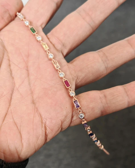 Renkli Taşlı Gümüş Zincir Bileklik - 4