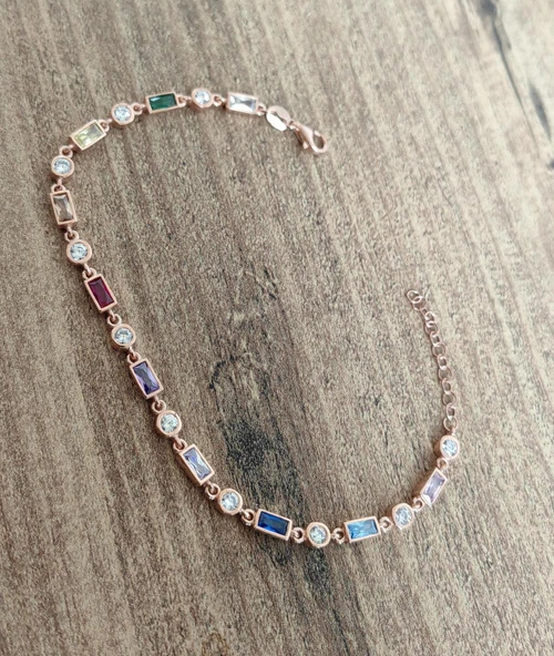 Renkli Taşlı Gümüş Zincir Bileklik - 5