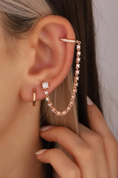 Zincir Büyük Taşlı Sallantılı Gümüş Küpe