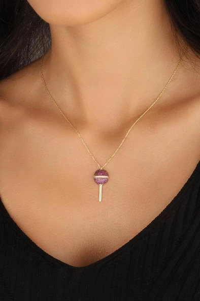 Pembe Taşlı Lolipop Şeker Gümüş Kolyesi - 3