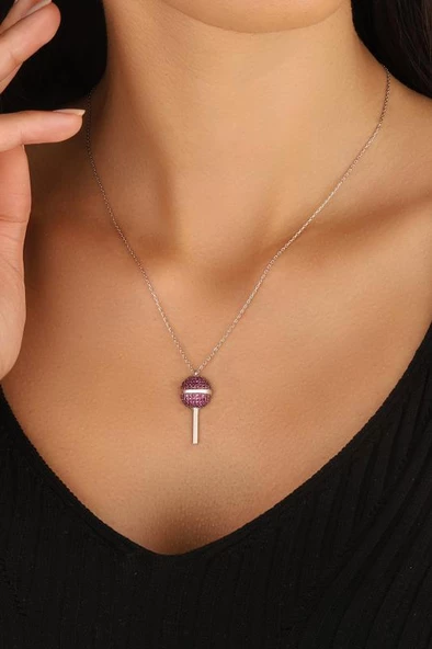 Pembe Taşlı Lolipop Şeker Gümüş Kolyesi - 4
