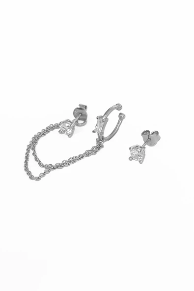 Kıkırdaktan Geçmeli Gümüş Zincir Küpe - 4