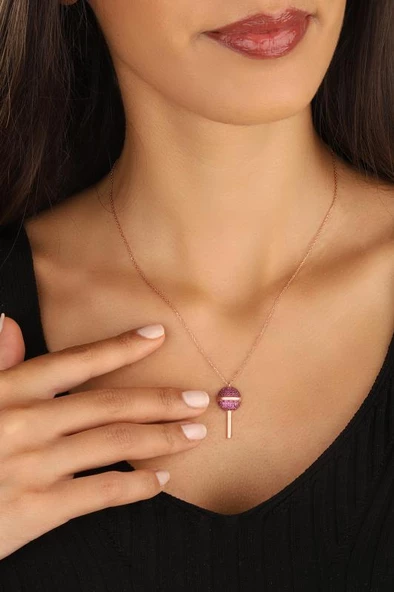 Pembe Taşlı Lolipop Şeker Gümüş Kolyesi - 2