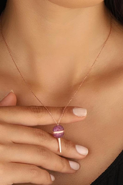 Pembe Taşlı Lolipop Şeker Gümüş Kolyesi - 5