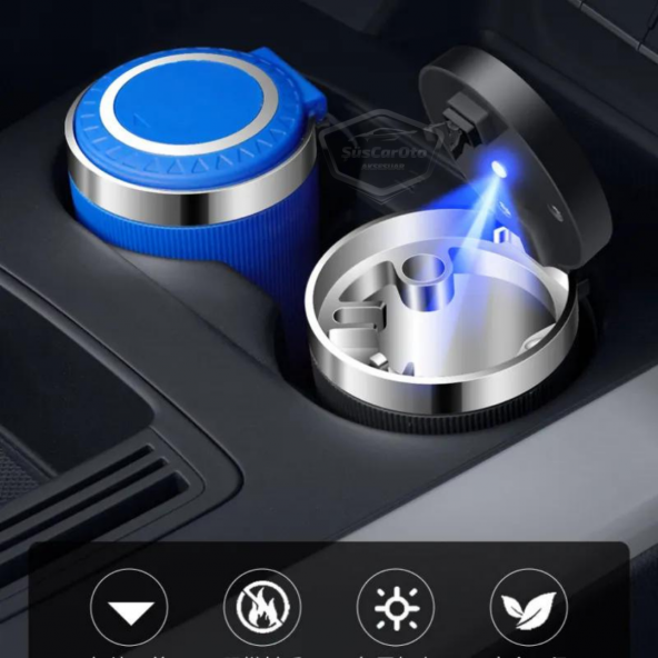 Üniversal Mavi Led Işıklı Yanmaz Koku Geçirmez Lüx Oto Küllük Dumansız Kapaklı Spor Araç İçi Küllük Araba Küllüğü Siyah - 12