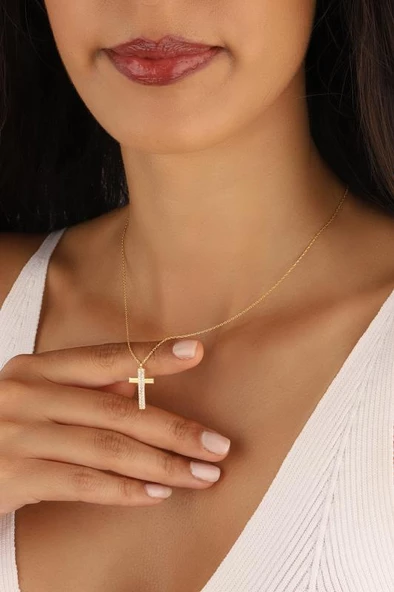 Beyaz Zirkon Taşlı Gümüş Haç Kolye - 3