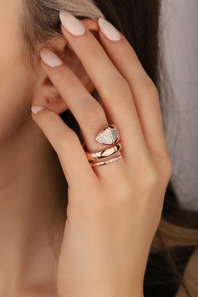 Beyaz Taşlı Yılan Gümüş Yüzük - Resim 5