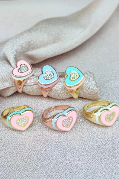 İç içe Mineli Kalpli Gümüş Yüzük - Resim 6