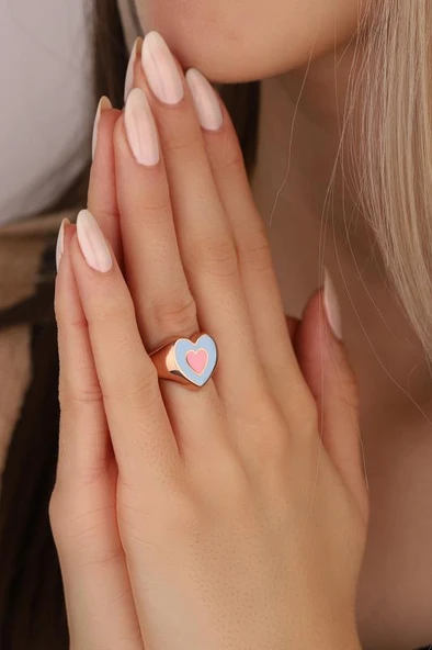 İç içe Mineli Kalpli Gümüş Yüzük - Resim 5