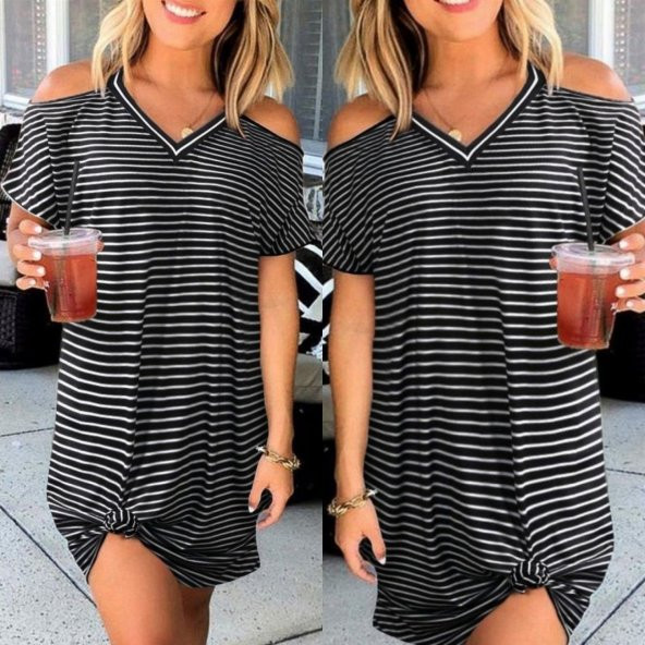 Kadın Kısa Kollu V Yaka Omuz Dekolteli çizgi Desenli Viskon Elbise - 3