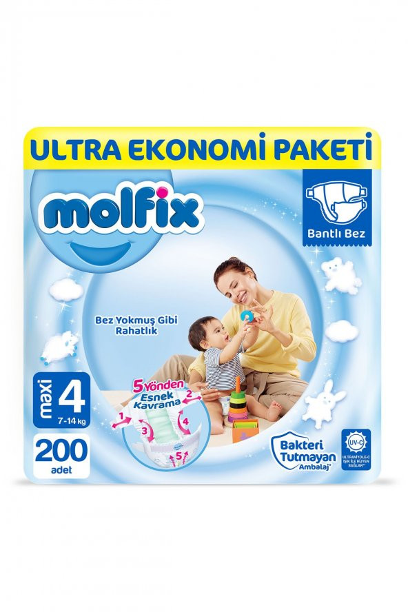 Molfix  Bebek Bezi 4 Beden Maxi Hiper Ekonomi Paketi 200 Adet