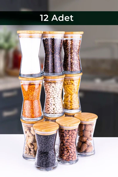 Bambum  Time - 12li Vakumlu Bambu Kapaklı Cam Baharatlık Saklama Kabı 350 ml - 4
