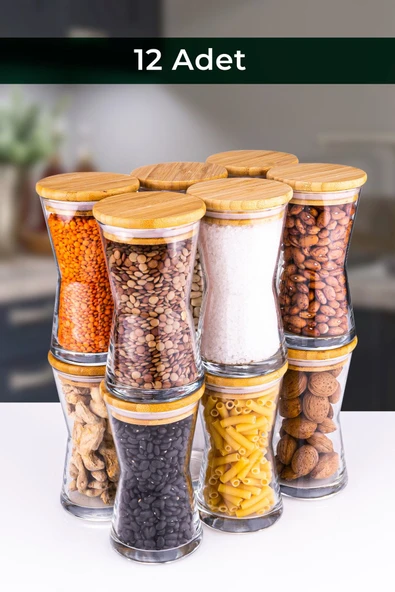 Bambum  Time - 12li Vakumlu Bambu Kapaklı Cam Baharatlık Saklama Kabı 350 ml - 5