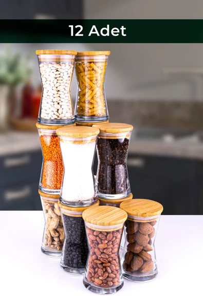 Bambum  Time - 12li Vakumlu Bambu Kapaklı Cam Baharatlık Saklama Kabı 350 ml - 2