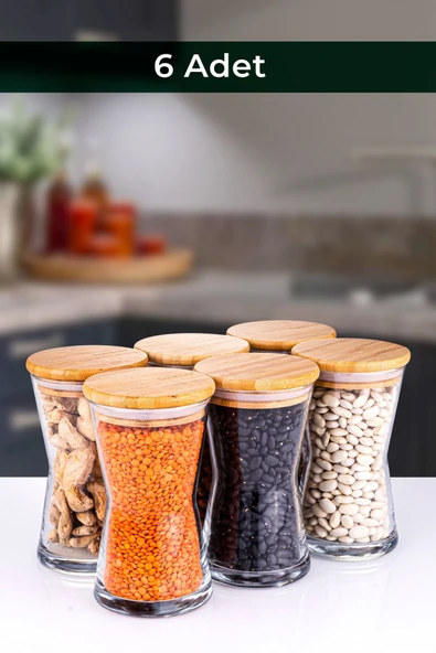 Bambum  Time - 6lı Vakumlu Bambu Kapaklı Cam Baharatlık Saklama Kabı 350 ml