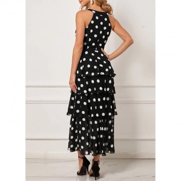 Kadın Kolsuz Puantiyeli Etek Fırfır Detay Krep Elbise - 2