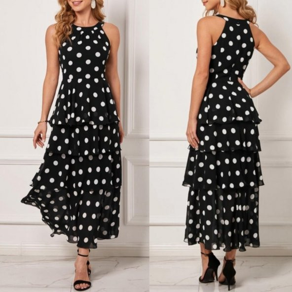 Kadın Kolsuz Puantiyeli Etek Fırfır Detay Krep Elbise - 3