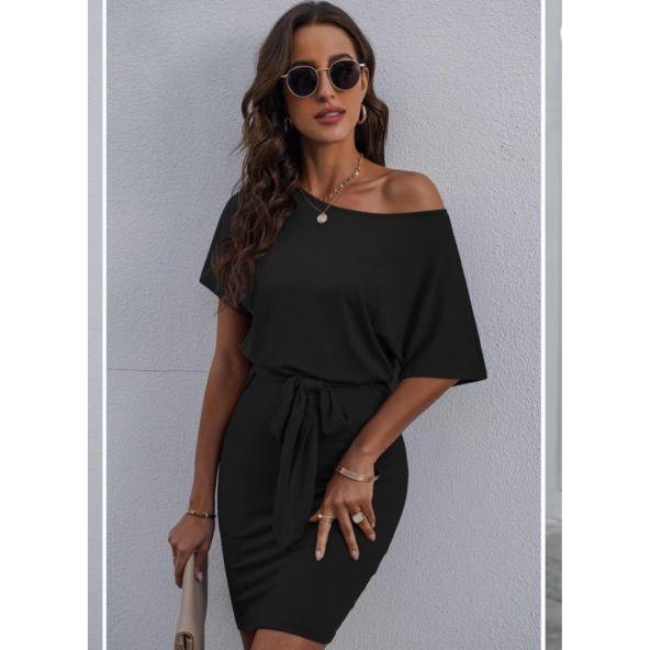 Kadın Kayık Yaka Kısa Kollu Yarasa Kol Beli Kuşaklı Viskon Elbise - 3