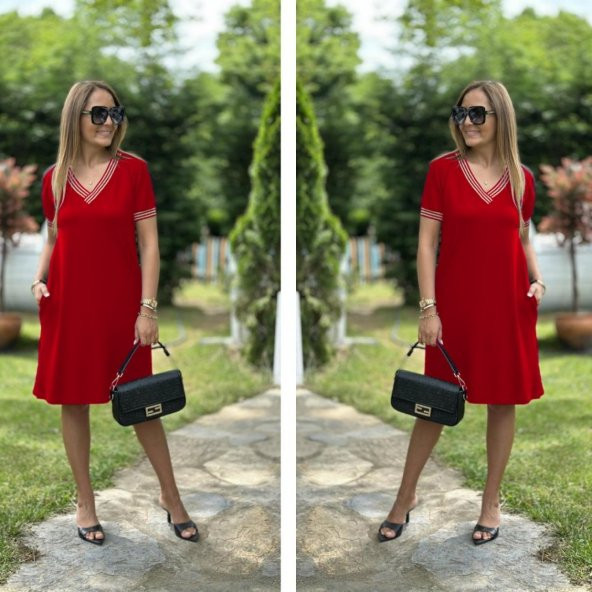 Kadın Kısa Kollu Ribanalı V Yaka Cepli Viskon Elbise - 3