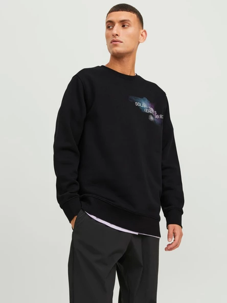 JACK JONES Erkek Ön Arka Baskılı Bisiklet Yaka Sweatshirt 12242181