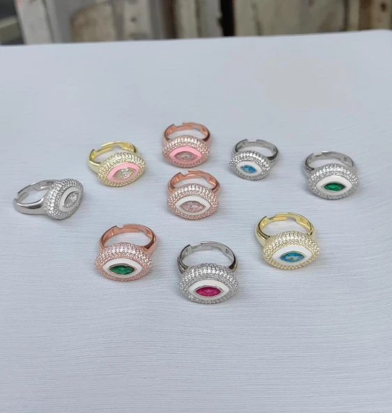 Beyaz Mineli Ortası Yeşil Taş Göz Gümüş Yüzük - 5