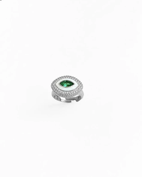 Beyaz Mineli Ortası Yeşil Taş Göz Gümüş Yüzük - 4