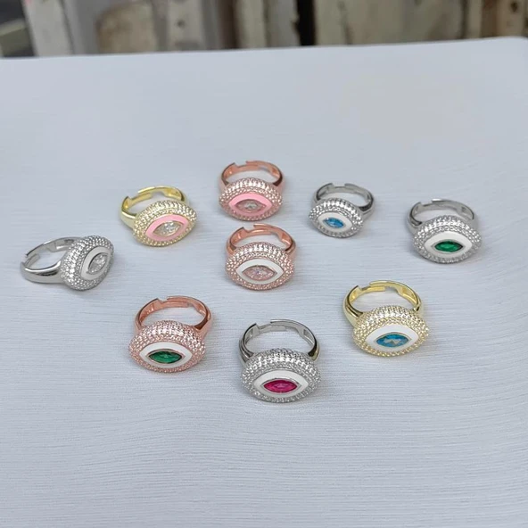 Pembe Mineli Ortası Taş Göz Gümüş Yüzük - Resim 5