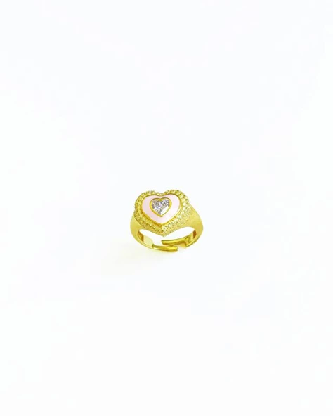 Pembe Mineli Ortası Taş Kalpli Gümüş Yüzük - Resim 3