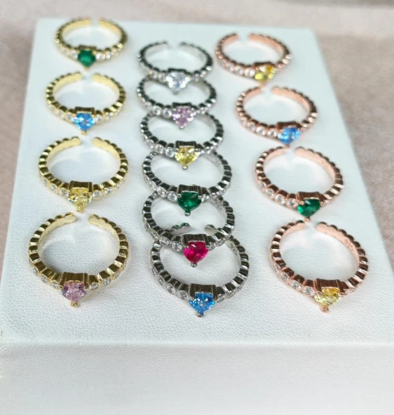 Ortası Zümrüt Yeşili Kalp Gümüş Yüzük - Resim 5