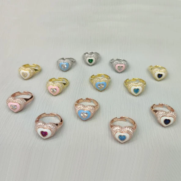 Beyaz Mineli Ortası Taş Kalpli Gümüş Yüzük - Resim 5