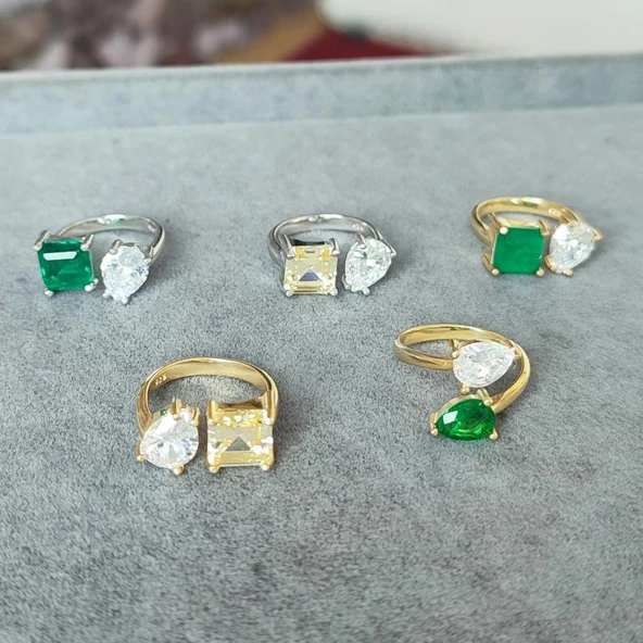 Renkli Çift Damla Taşlı Kıvrımlı Gümüş Yüzük - Resim 5