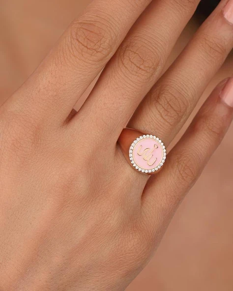 Pembe Mineli Arapça Allah Yazılı Gümüş Yüzük - Resim 5