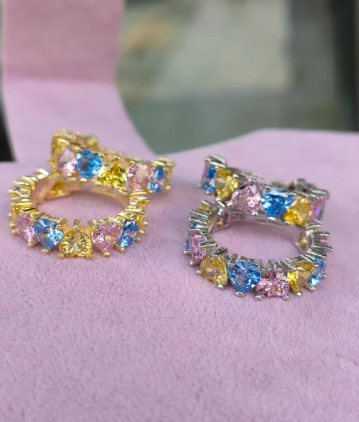 Renkli Taşlı Kalpli Gümüş Yüzük - Resim 5