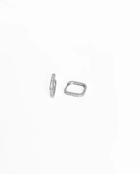 Tek Sıra Taşlı Kare Gümüş Küpe - 4