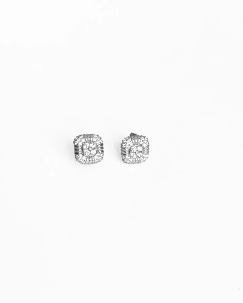 Beyaz Taşlı Kare Gümüş Küpe - 4