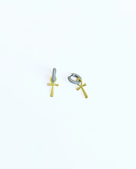 Çift Renkli Nil Anahtarı Gümüş Küpe - 2