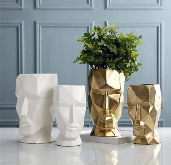 Saksı DeposuKübik Adam Yüz Heykel Saksı (Küçük, Gold, Altın)