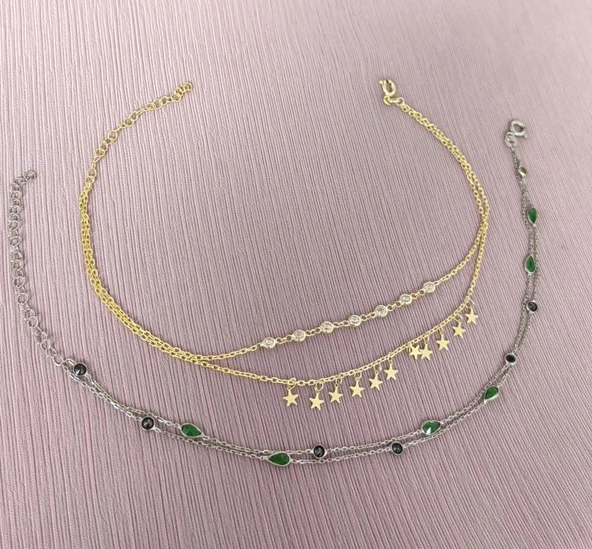 İki Sıra Gümüş Taşlı ve Yıldızlı Halhal - 6