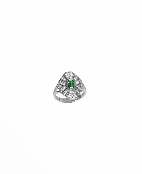 Çift Renkli Ortası Yeşil Baget Taşlı Gümüş Yüzük - 4